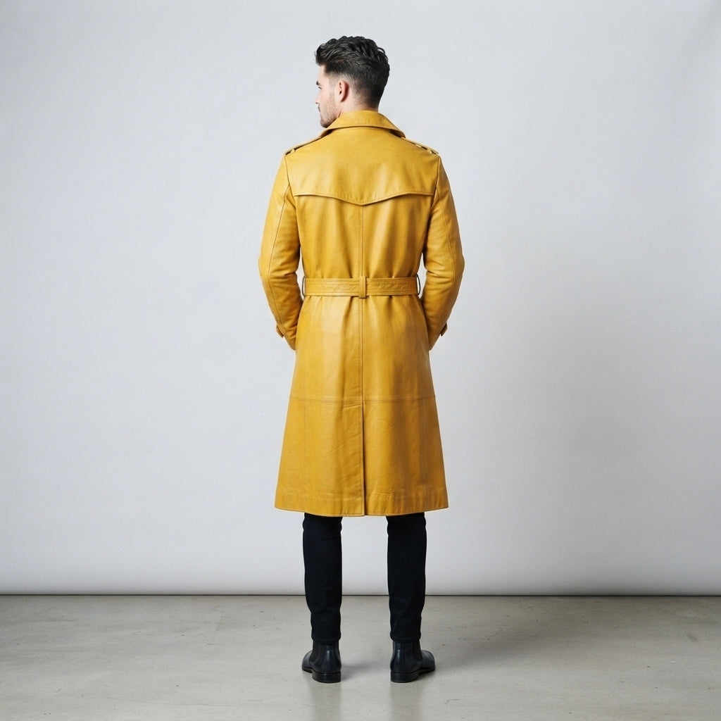 Men's Yellow Leather Double-Breasted Belted Trench Coat