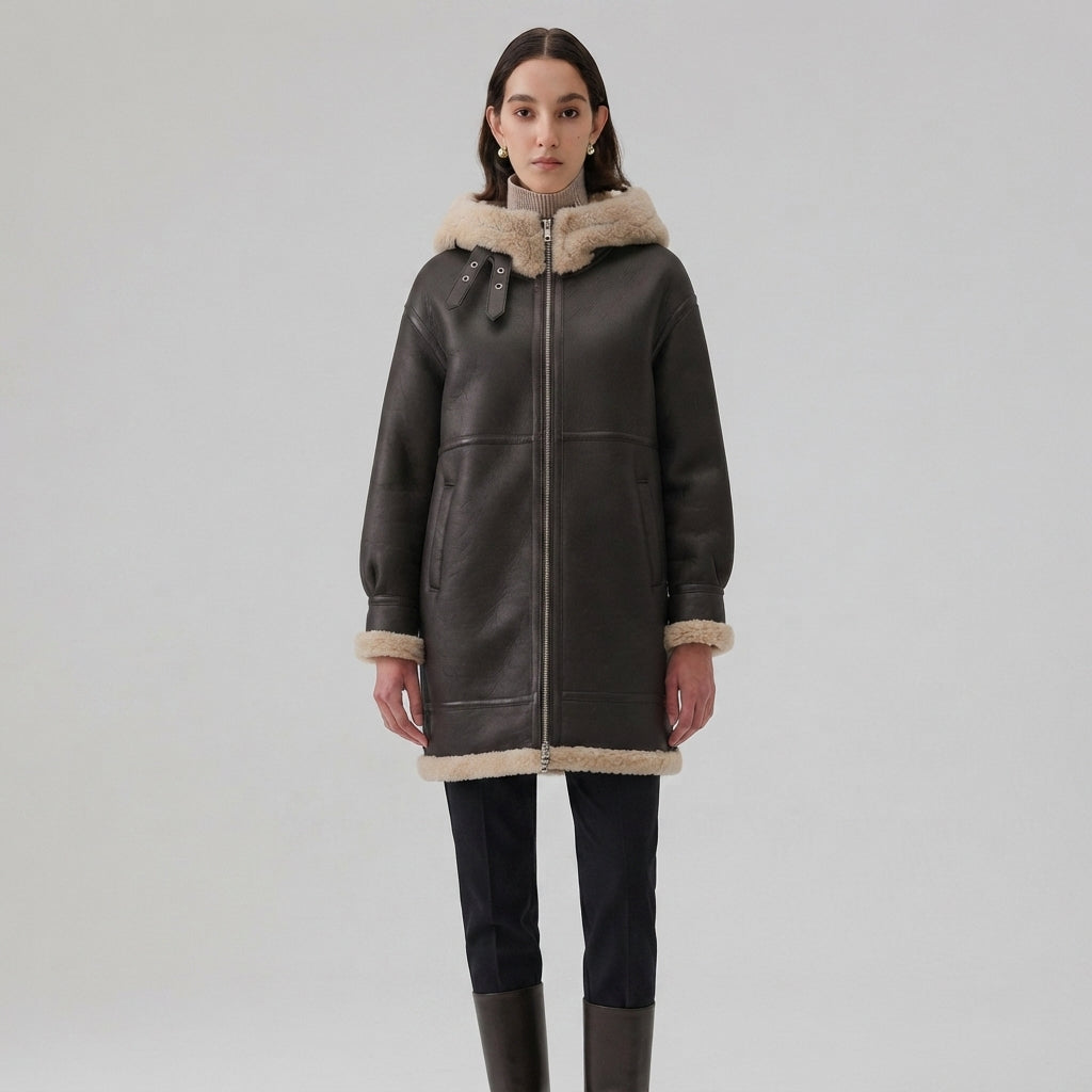 Women's Dark Brown Hooded Shearling Coat