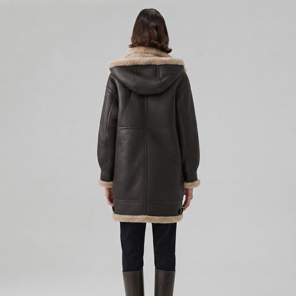 Women's Dark Brown Hooded Shearling Coat