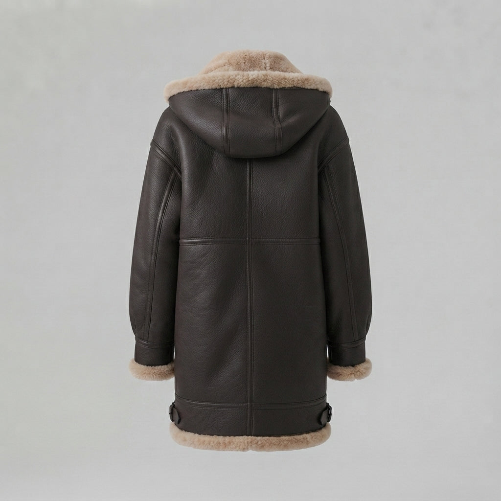 Women's Dark Brown Hooded Shearling Coat