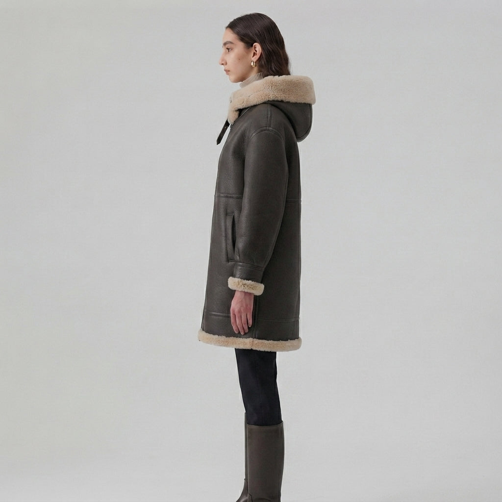 Women's Dark Brown Hooded Shearling Coat