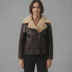 Women's Dark Brown & Beige Shearling Biker Jacket