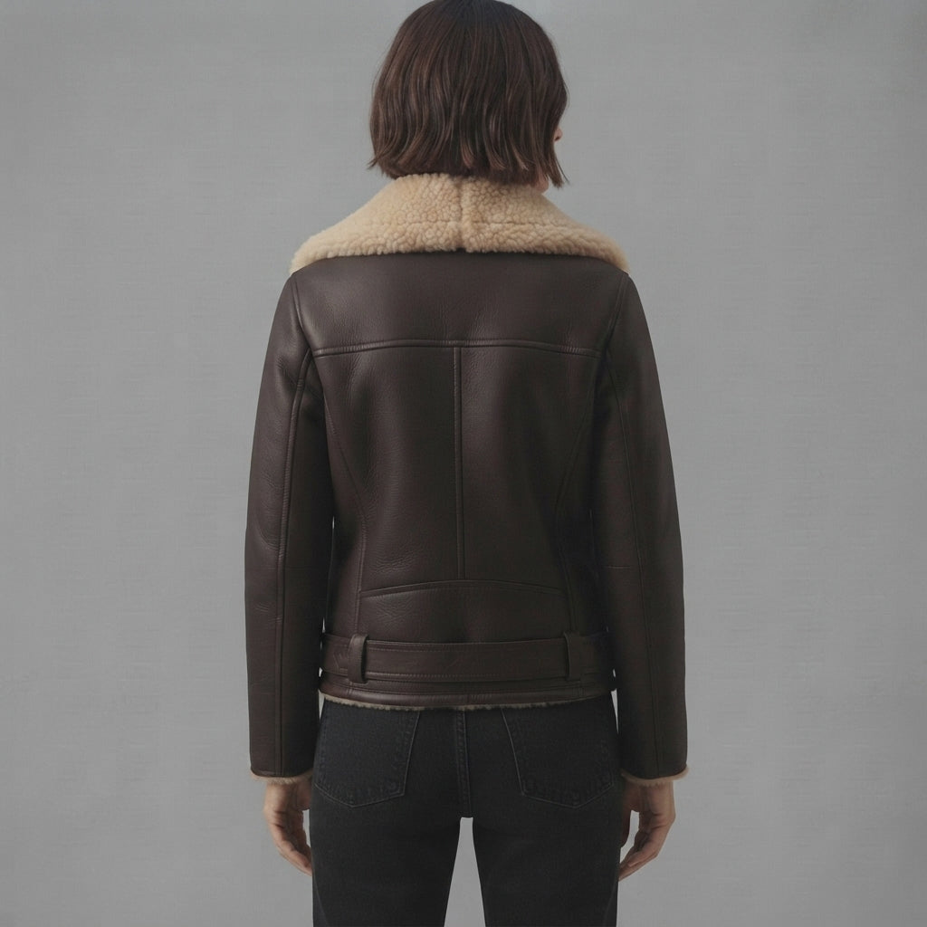 Women's Dark Brown & Beige Shearling Biker Jacket