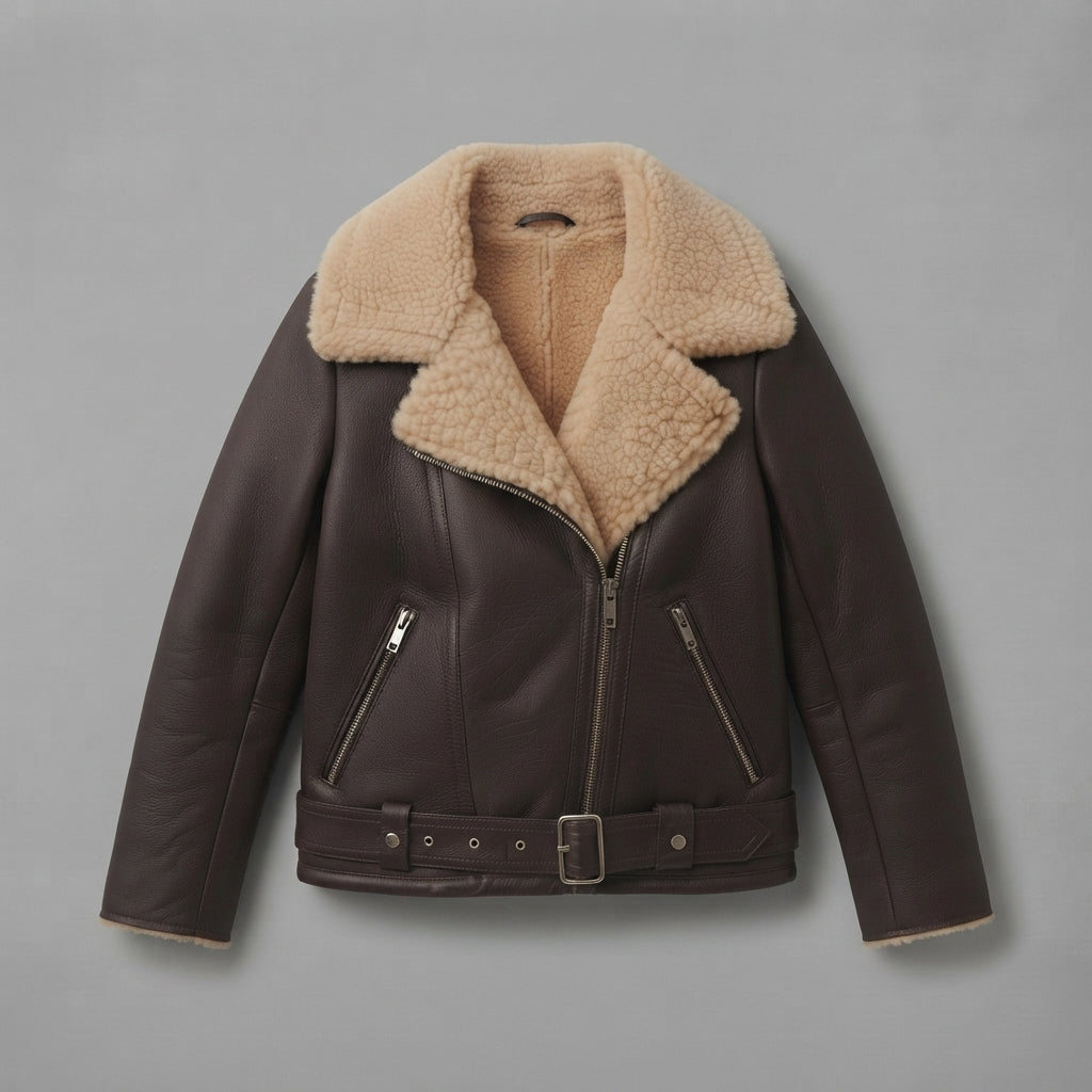 Women's Dark Brown & Beige Shearling Biker Jacket