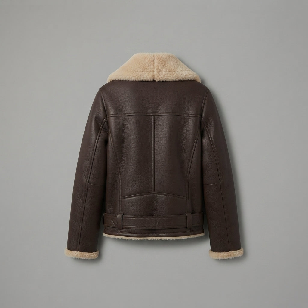 Women's Dark Brown & Beige Shearling Biker Jacket