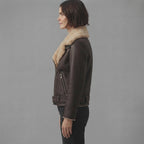 Women's Dark Brown & Beige Shearling Biker Jacket