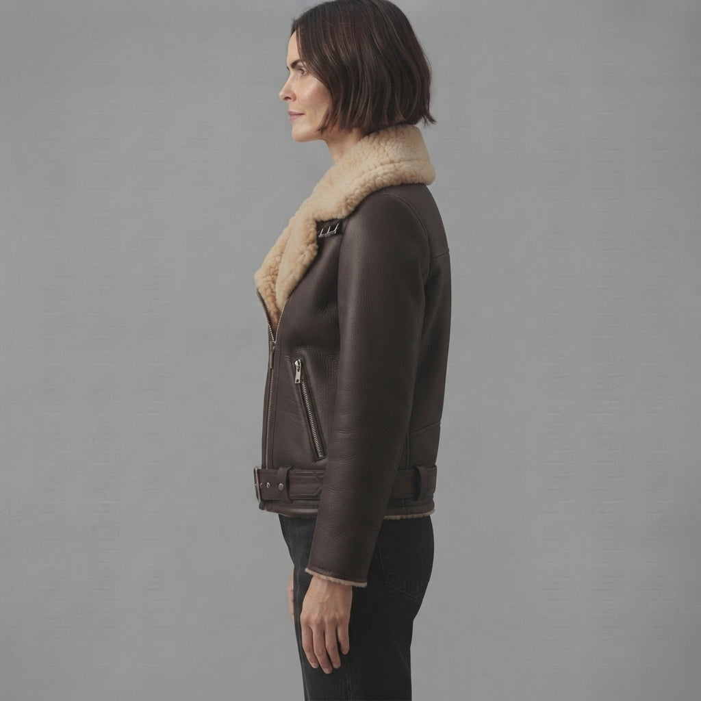 Women's Dark Brown & Beige Shearling Biker Jacket