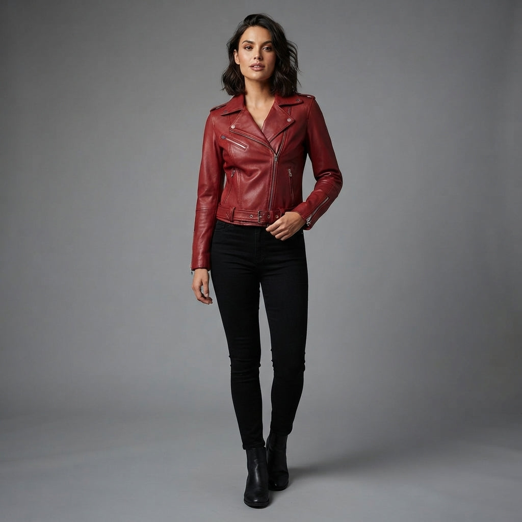Women's Red Moto Leather Jacket with Belt