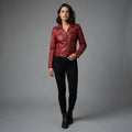 Women's Red Moto Leather Jacket with Belt