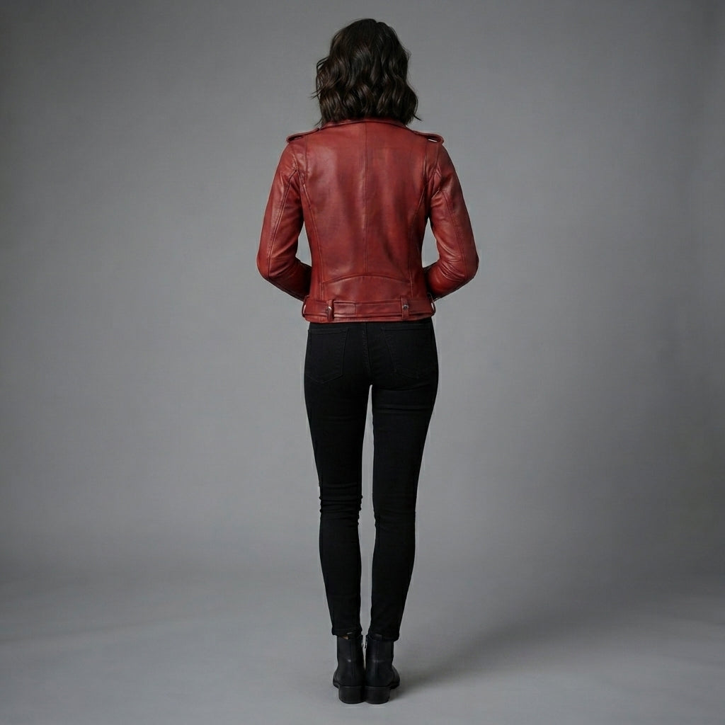 Women's Red Moto Leather Jacket with Belt