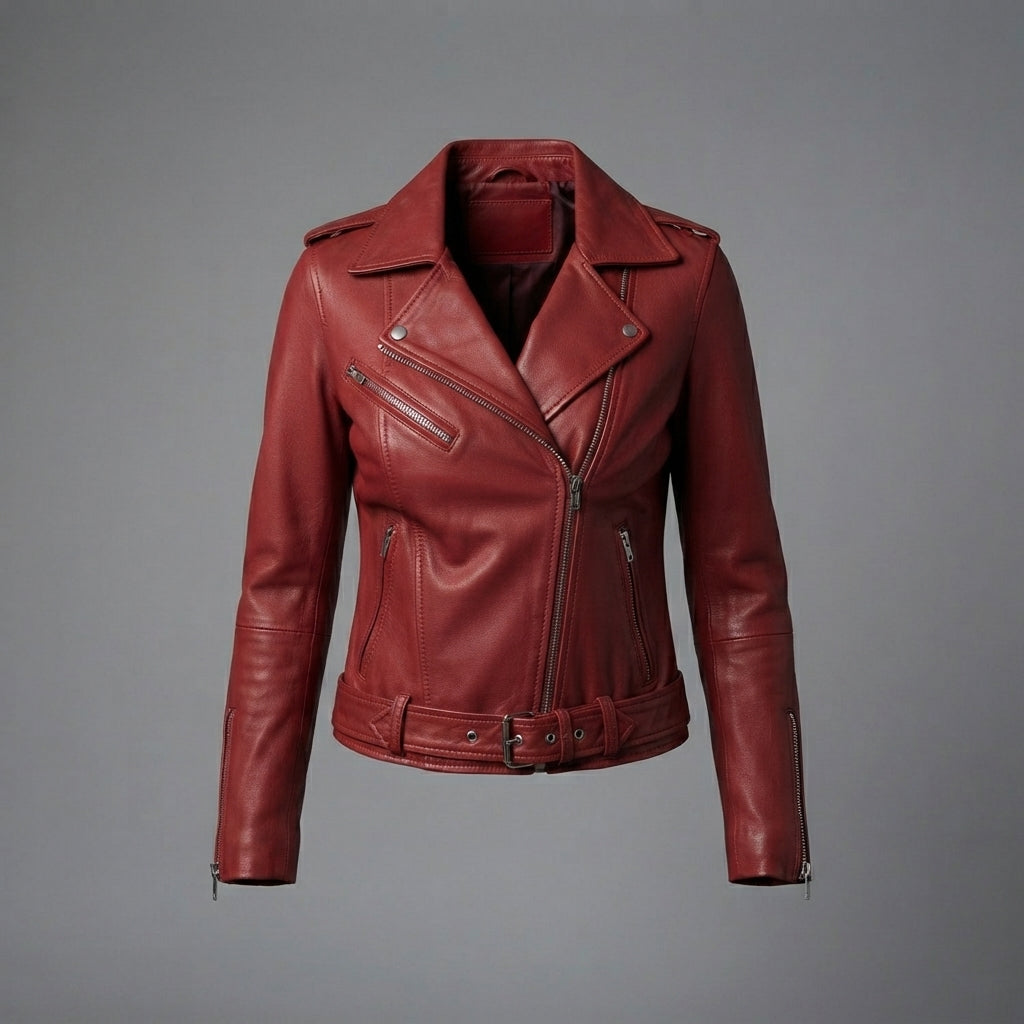 Women's Red Moto Leather Jacket with Belt