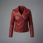 Women's Red Moto Leather Jacket with Belt