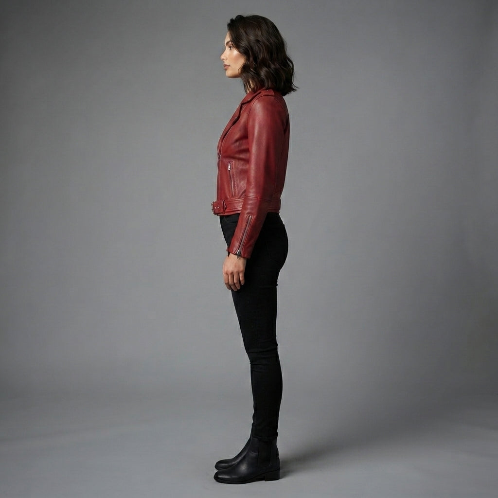 Women's Red Moto Leather Jacket with Belt