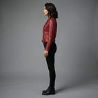 Women's Red Moto Leather Jacket with Belt