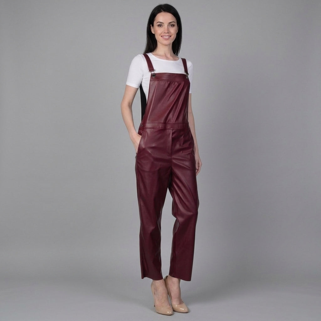 Red Leather Buckle-Strap Romper for Women