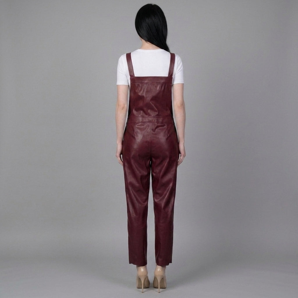 Red Leather Buckle-Strap Romper for Women