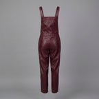 Red Leather Buckle-Strap Romper for Women