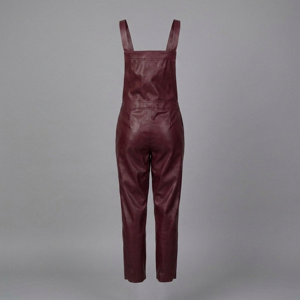 Red Leather Buckle-Strap Romper for Women