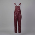 Red Leather Buckle-Strap Romper for Women