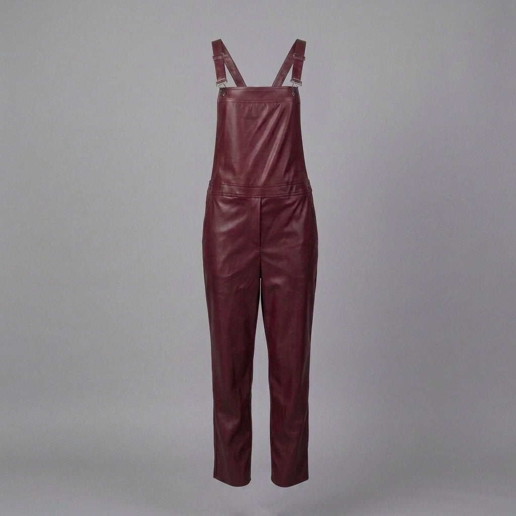 Red Leather Buckle-Strap Romper for Women