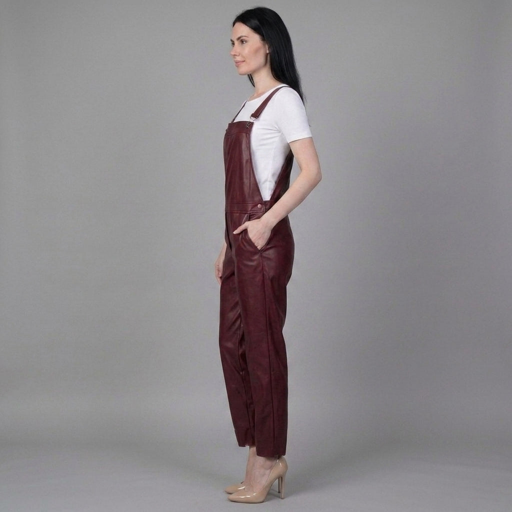 Red Leather Buckle-Strap Romper for Women
