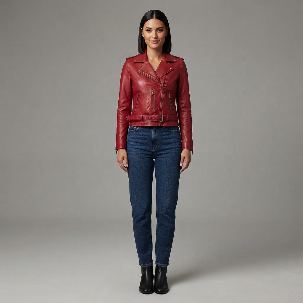 Women's Deep Red Moto Leather Jacket with Buckled Belt
