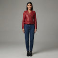Women's Deep Red Moto Leather Jacket with Buckled Belt