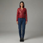 Women's Deep Red Moto Leather Jacket with Buckled Belt
