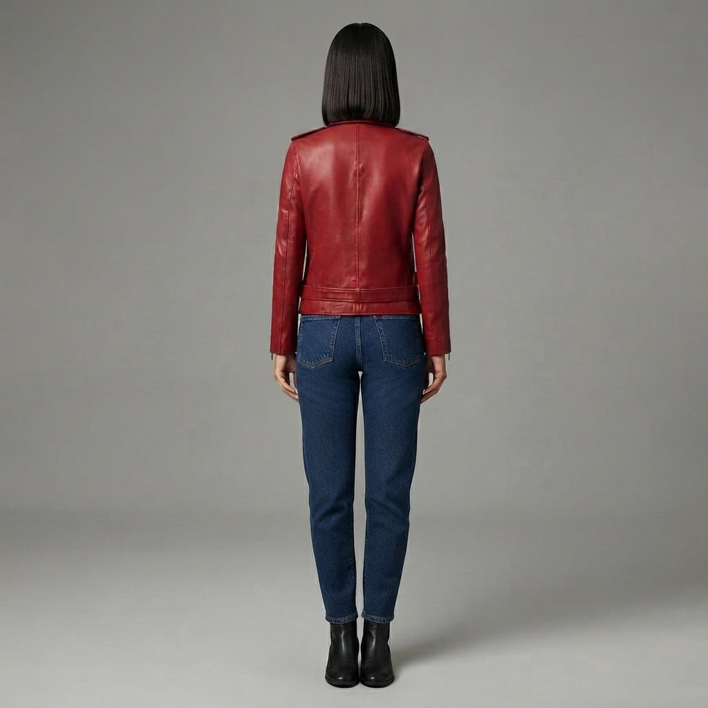 Women's Deep Red Moto Leather Jacket with Buckled Belt