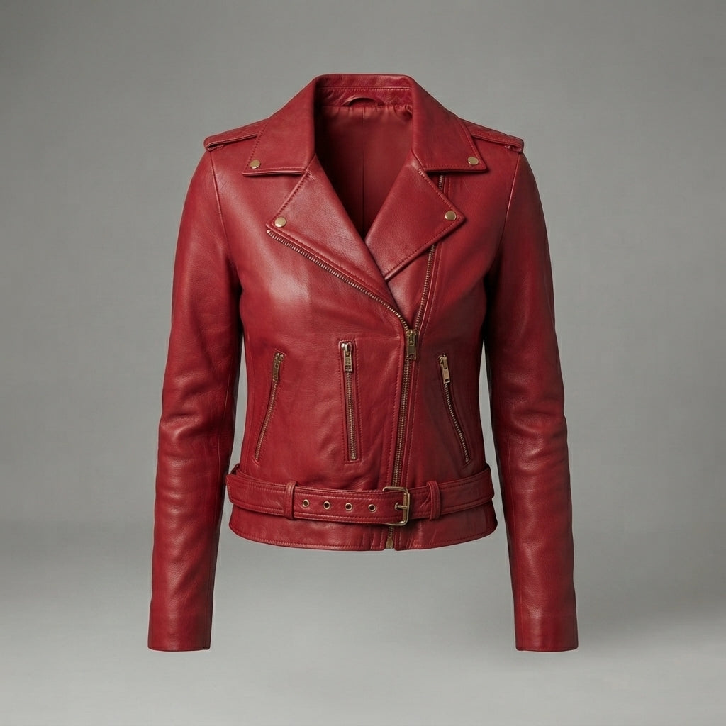 Women's Deep Red Moto Leather Jacket with Buckled Belt