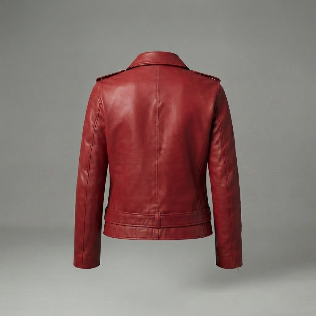Women's Deep Red Moto Leather Jacket with Buckled Belt