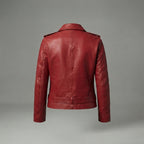 Women's Deep Red Moto Leather Jacket with Buckled Belt