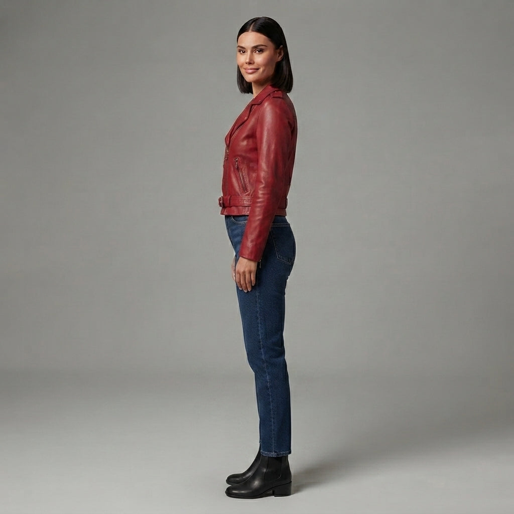 Women's Deep Red Moto Leather Jacket with Buckled Belt