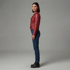 Women's Deep Red Moto Leather Jacket with Buckled Belt