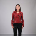 Women's Red Wide Lapel Leather Jacket