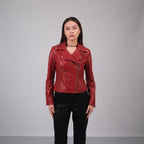 Women's Red Wide Lapel Leather Jacket