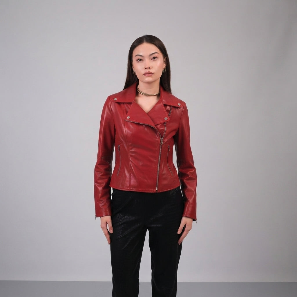 Women's Red Wide Lapel Leather Jacket