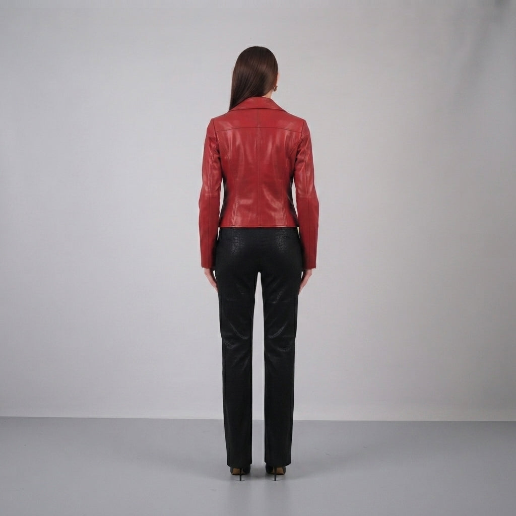 Women's Red Wide Lapel Leather Jacket
