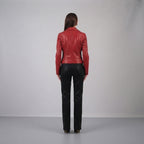 Women's Red Wide Lapel Leather Jacket