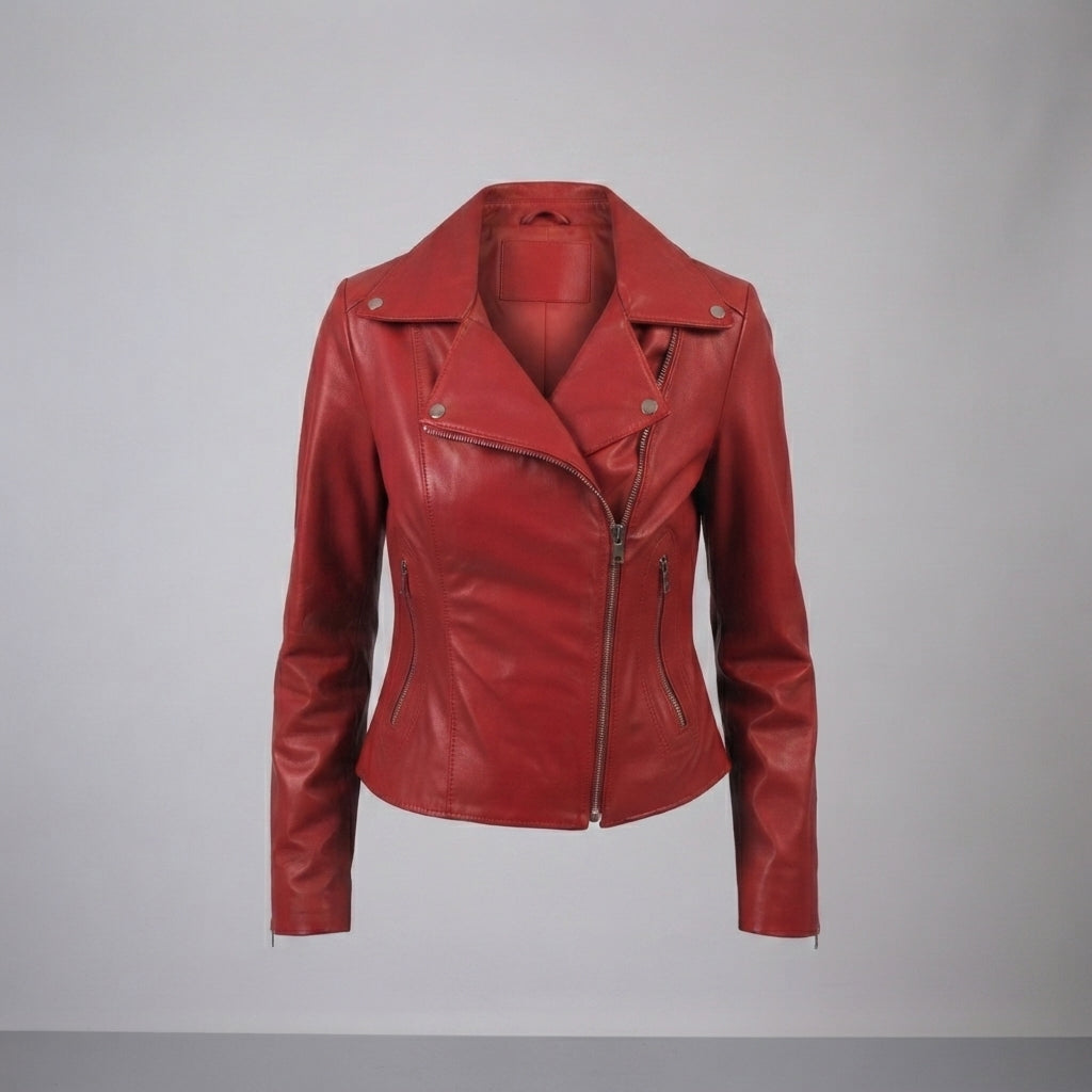 Women's Red Wide Lapel Leather Jacket