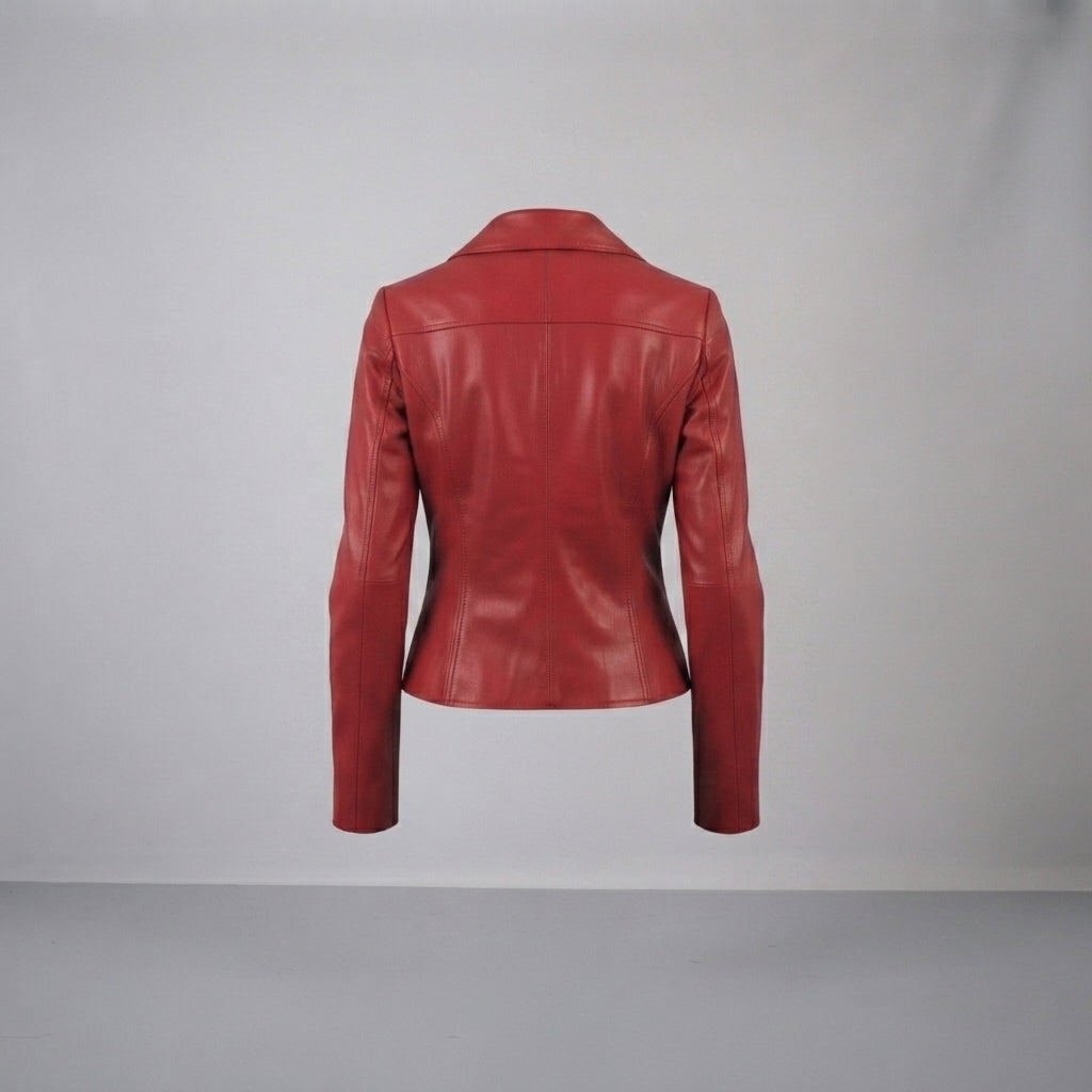 Women's Red Wide Lapel Leather Jacket