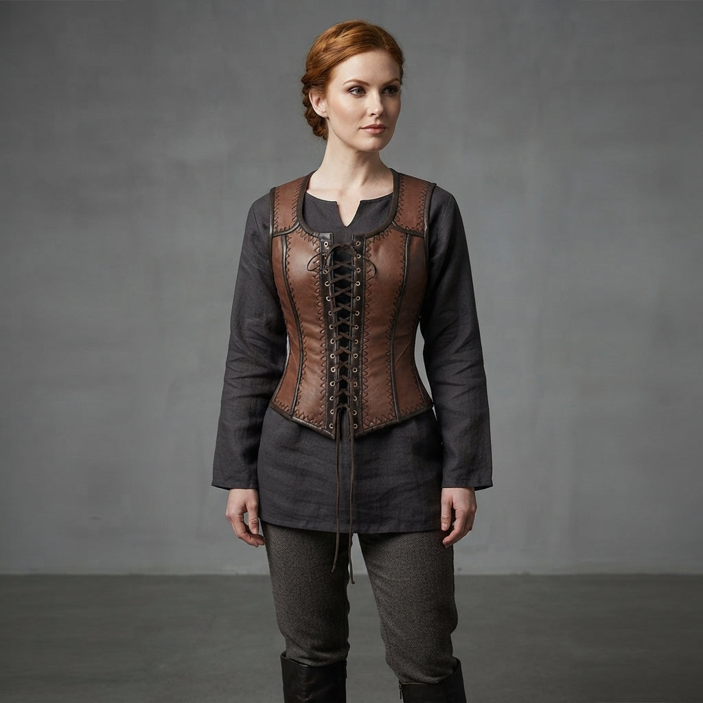 Women's Distressed Brown Leather Corset Vest
