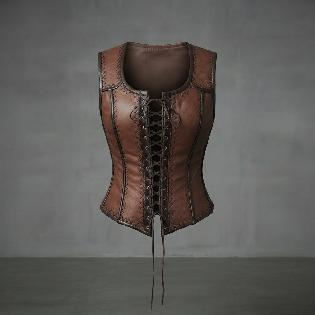 Women's Distressed Brown Leather Corset Vest