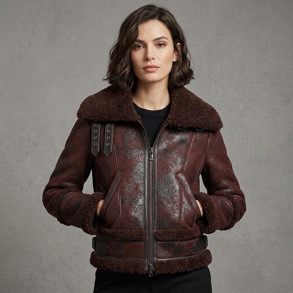 Distressed Shearling Bomber Jacket
