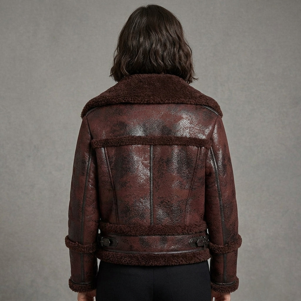 Distressed Shearling Bomber Jacket