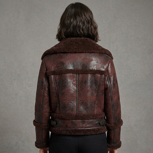 Distressed Shearling Bomber Jacket