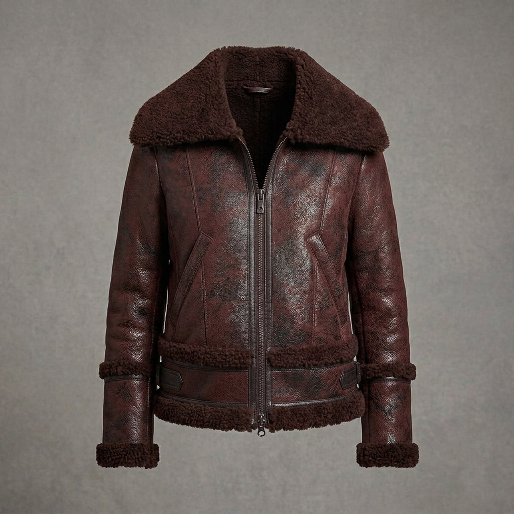 Distressed Shearling Bomber Jacket