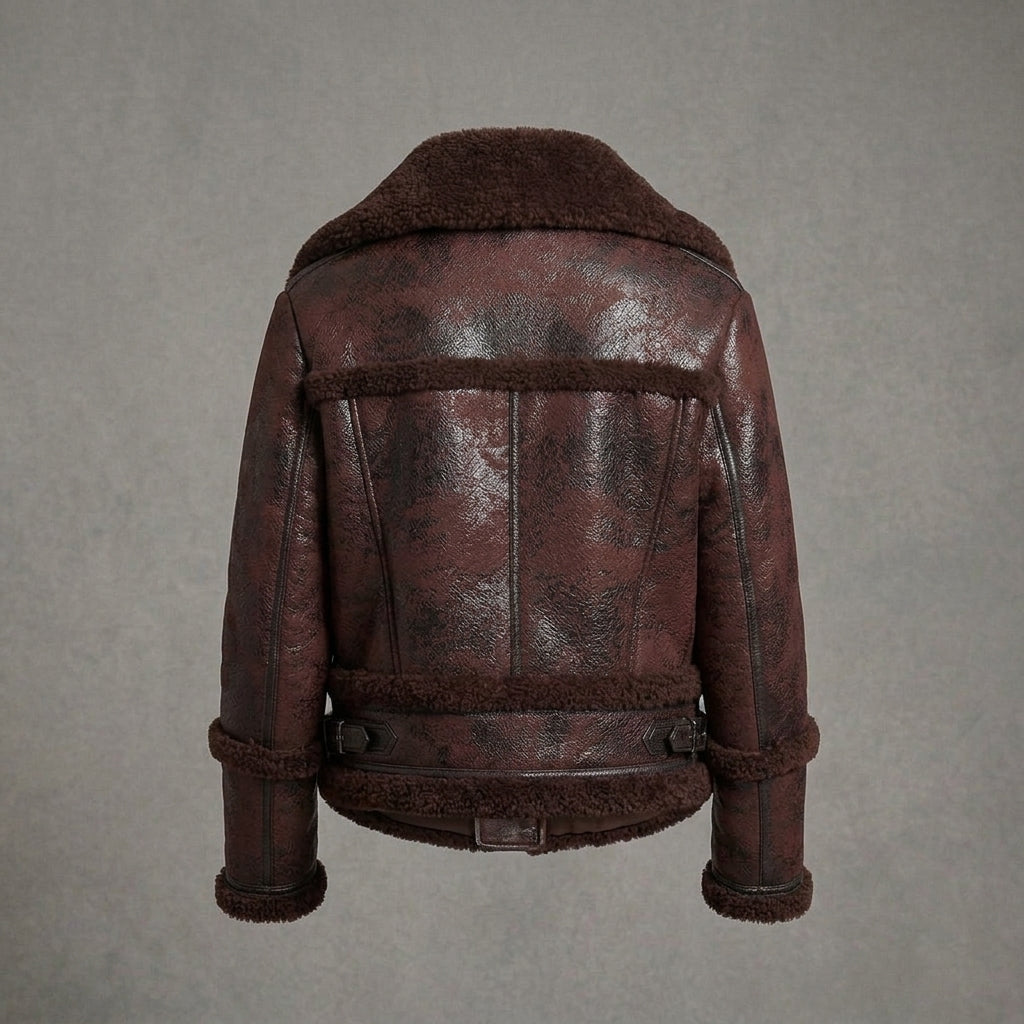 Distressed Shearling Bomber Jacket