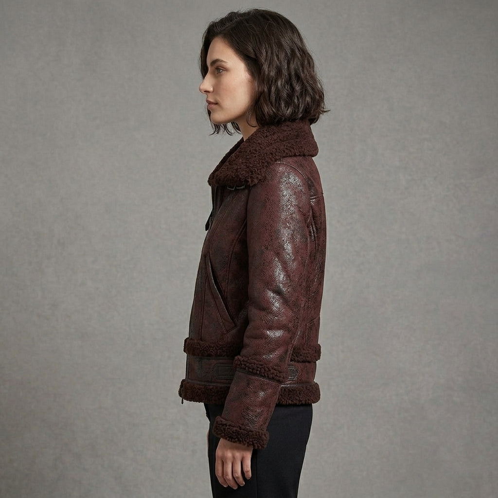 Distressed Shearling Bomber Jacket