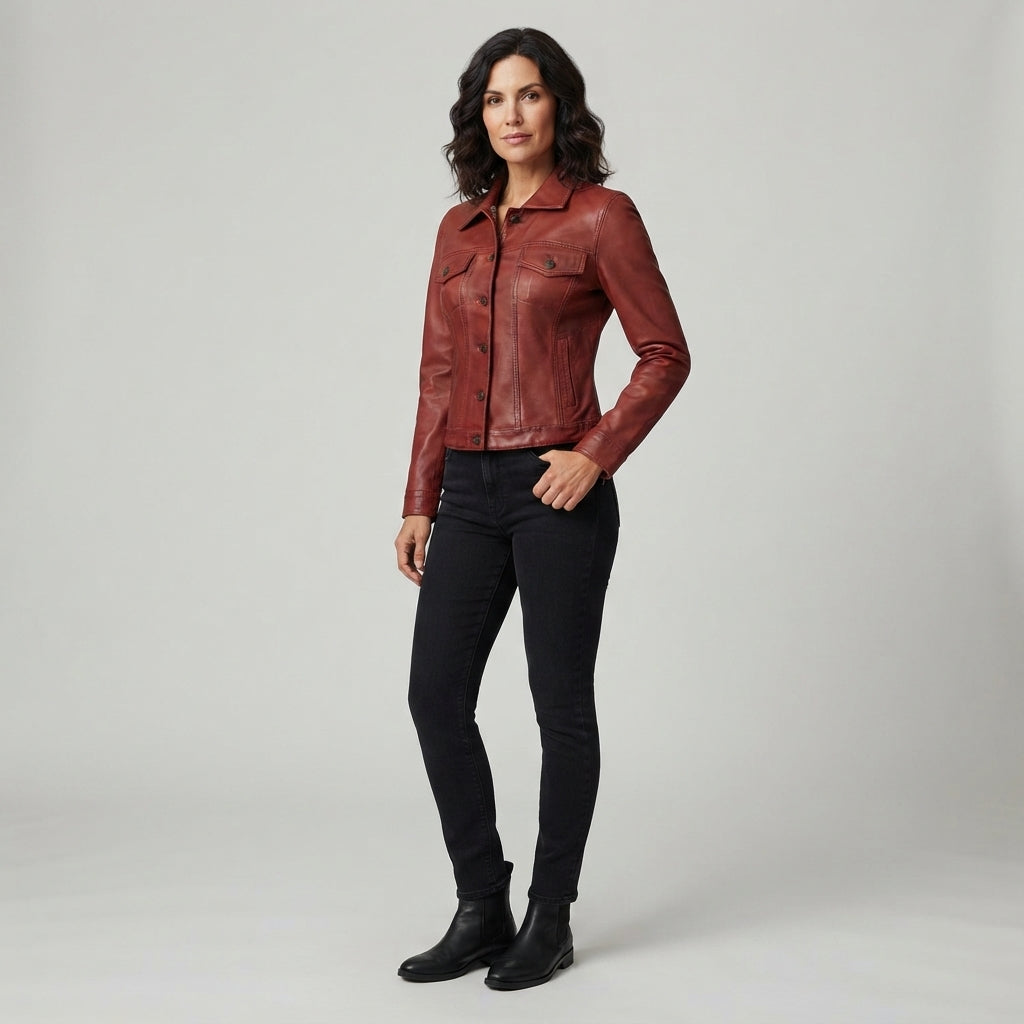 Women's Distressed Red-Brown Fitted Leather Jacket with Button-Up Front